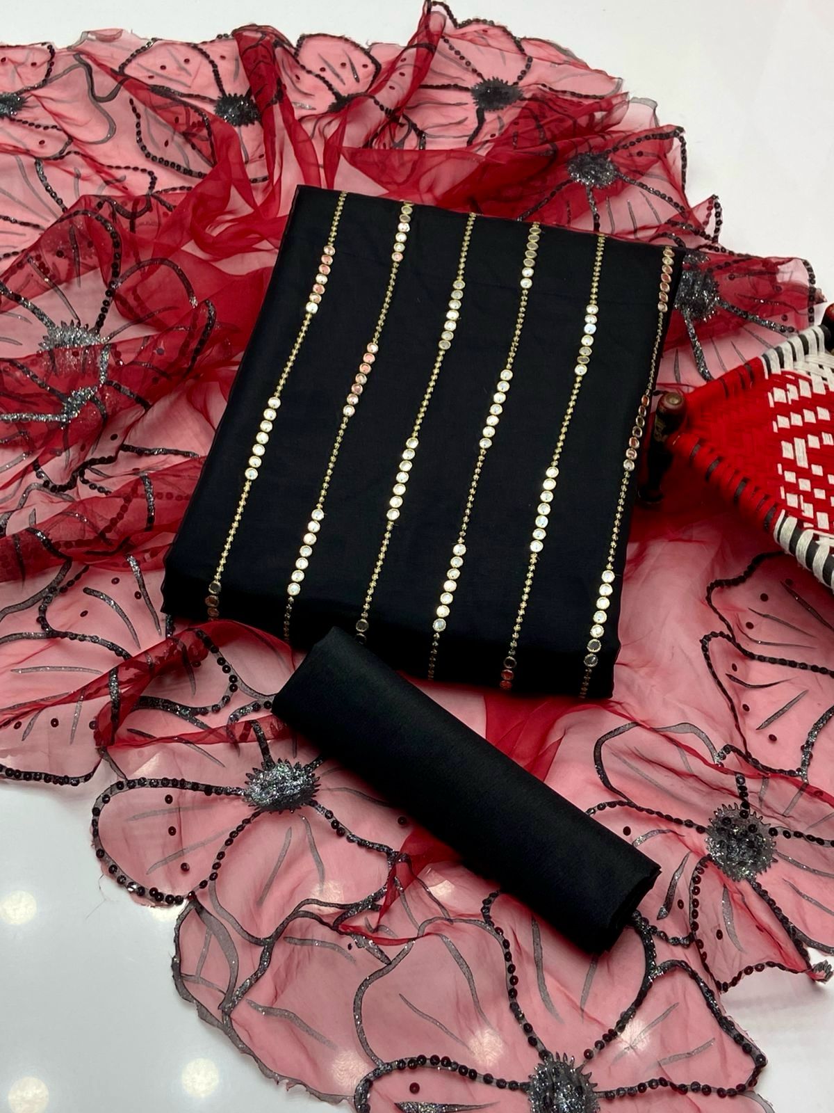 3-Piece Embroidered Set | 9mm Sequence Shirt, Khatan Silk Trouser & Glitter Dupatta