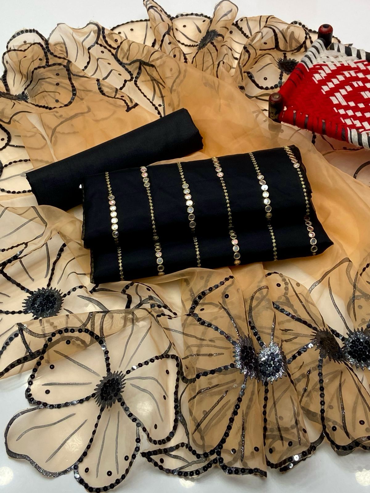 3-Piece Embroidered Set | 9mm Sequence Shirt, Khatan Silk Trouser & Glitter Dupatta