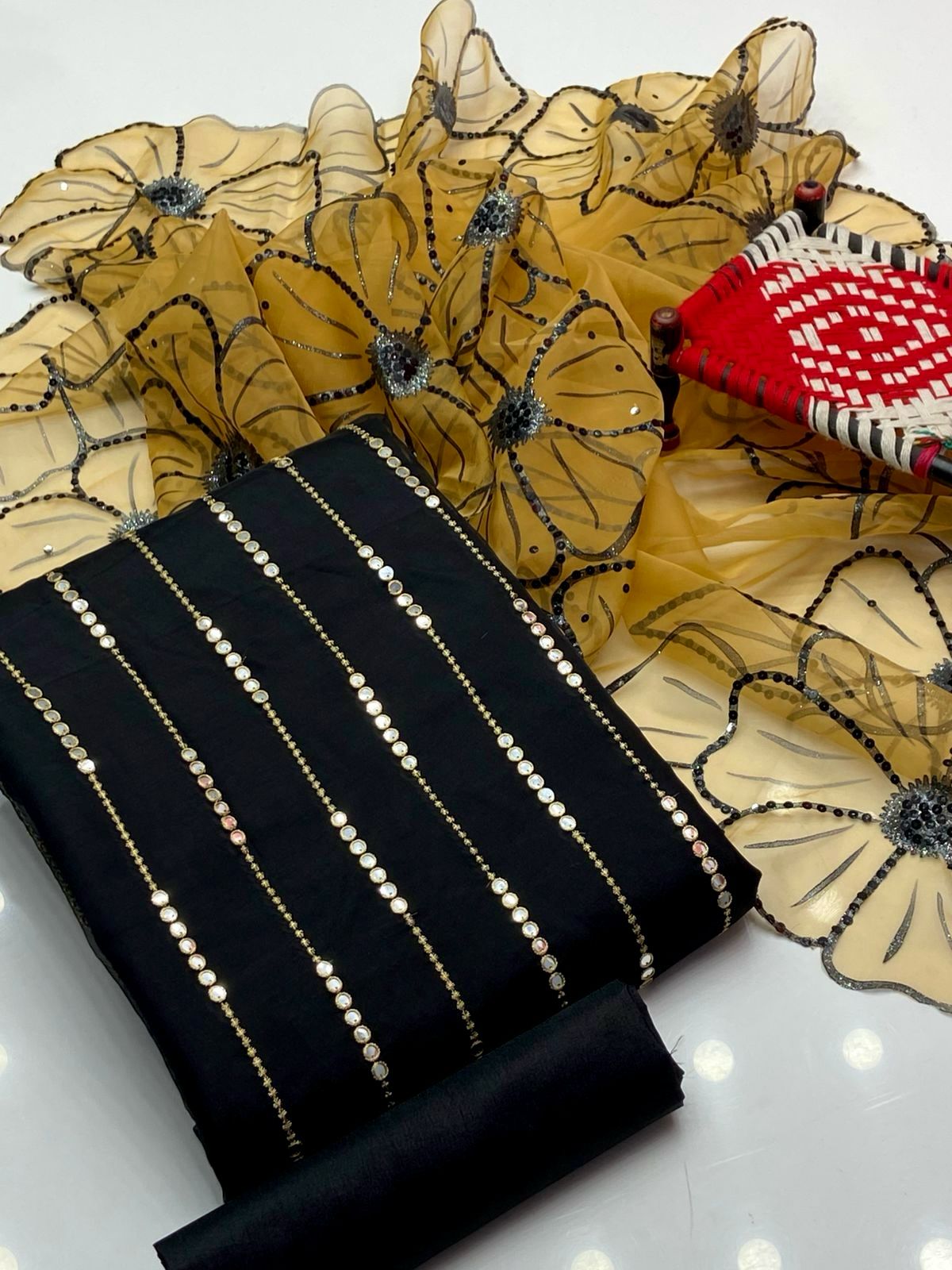 3-Piece Embroidered Set | 9mm Sequence Shirt, Khatan Silk Trouser & Glitter Dupatta
