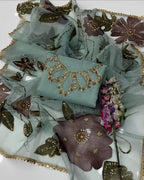 3-Piece Handwork Stone & Beads Organza Set with Zari Beads Dupatta