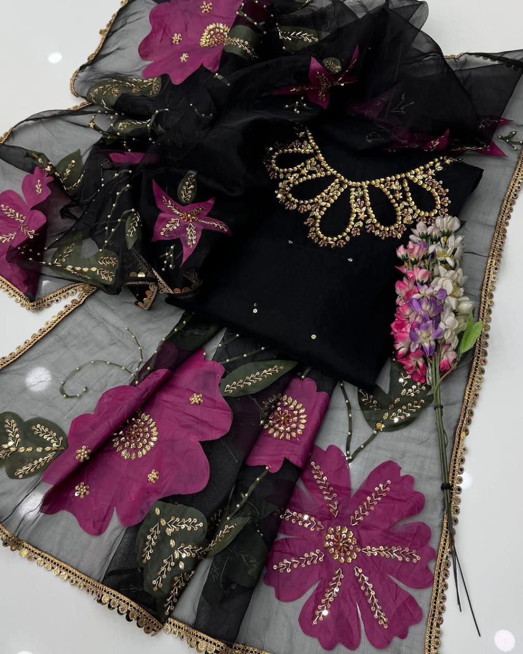 3-Piece Handwork Stone & Beads Organza Set with Zari Beads Dupatta