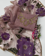 3-Piece Handwork Stone & Beads Organza Set with Zari Beads Dupatta