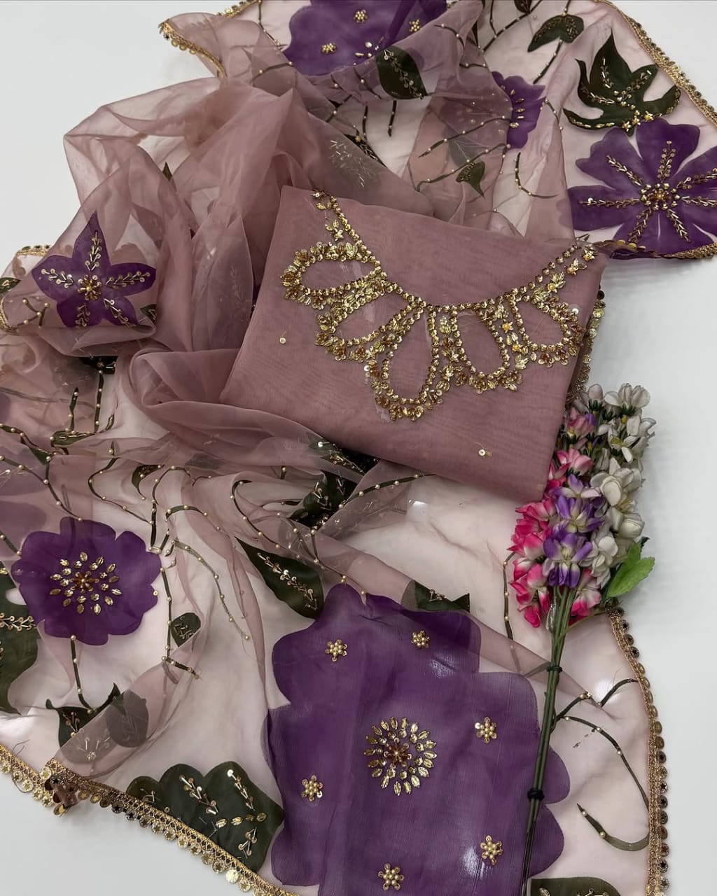 3-Piece Handwork Stone & Beads Organza Set with Zari Beads Dupatta