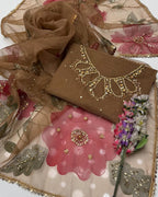 3-Piece Handwork Stone & Beads Organza Set with Zari Beads Dupatta