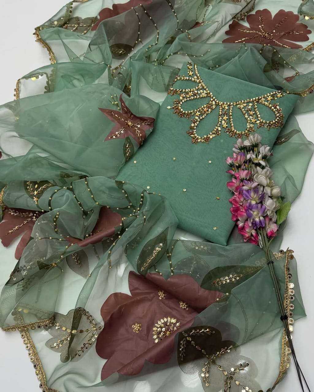 3-Piece Handwork Stone & Beads Organza Set with Zari Beads Dupatta