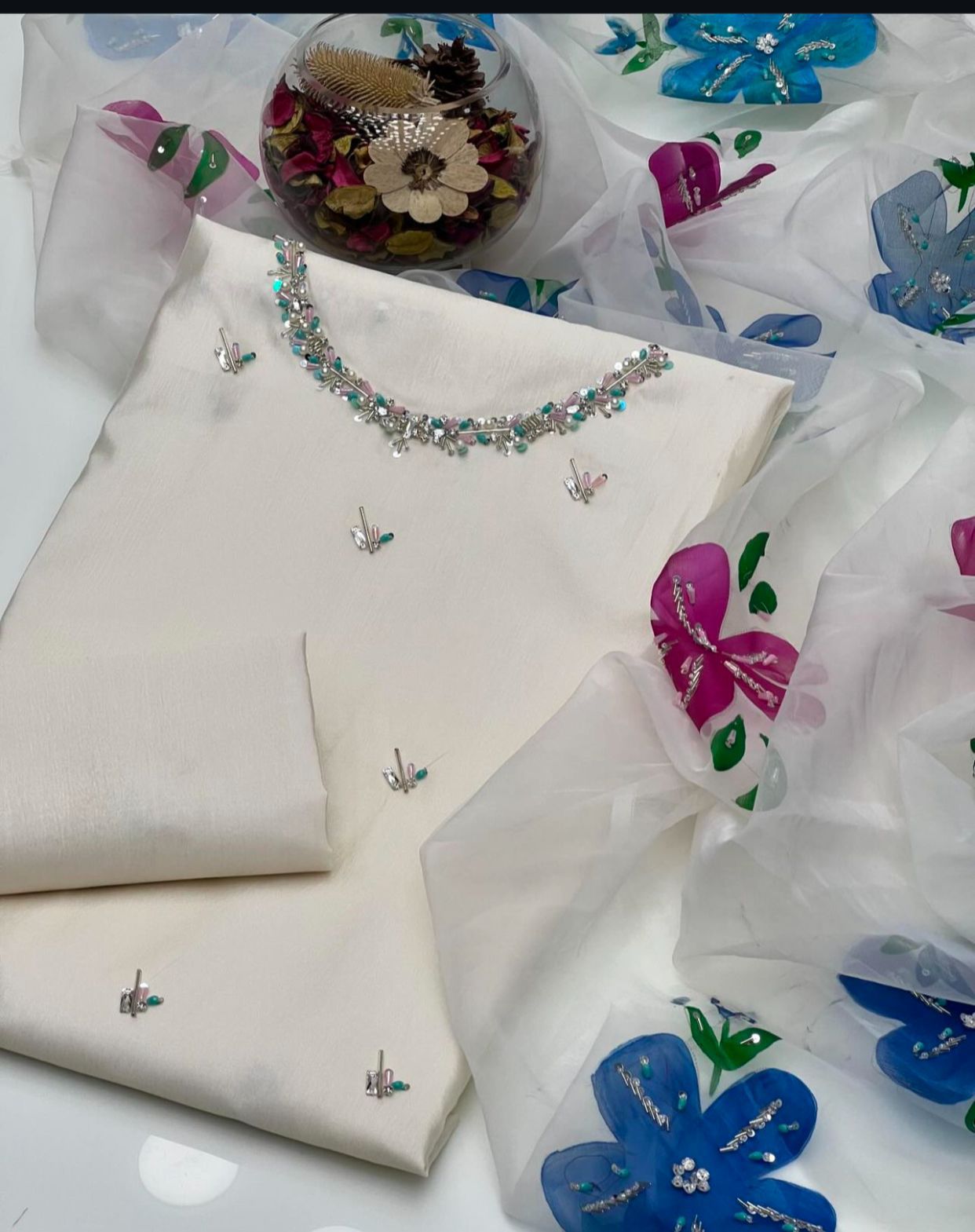 3-Piece Handmade Kathan Silk & Organza Set | Embroidered Shirt, Zari Work Dupatta & Plain Silk Trouser