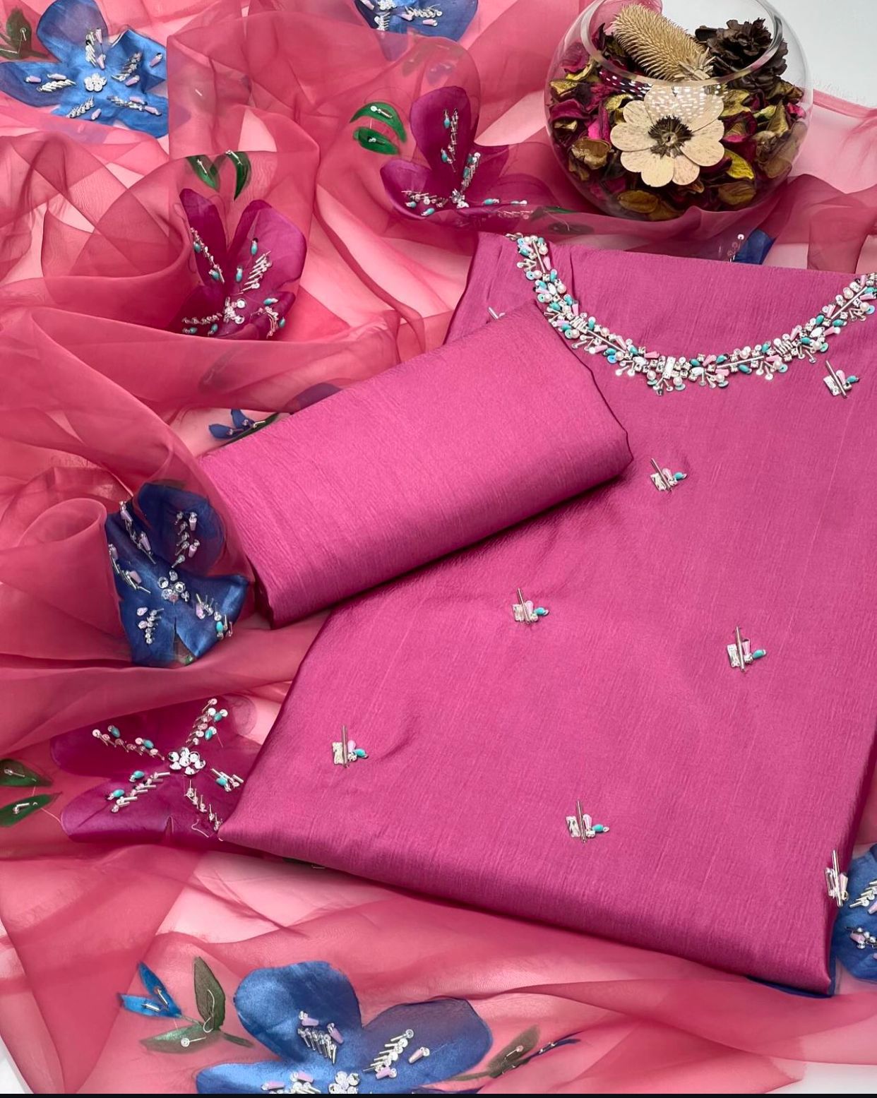 3-Piece Handmade Kathan Silk & Organza Set | Embroidered Shirt, Zari Work Dupatta & Plain Silk Trouser