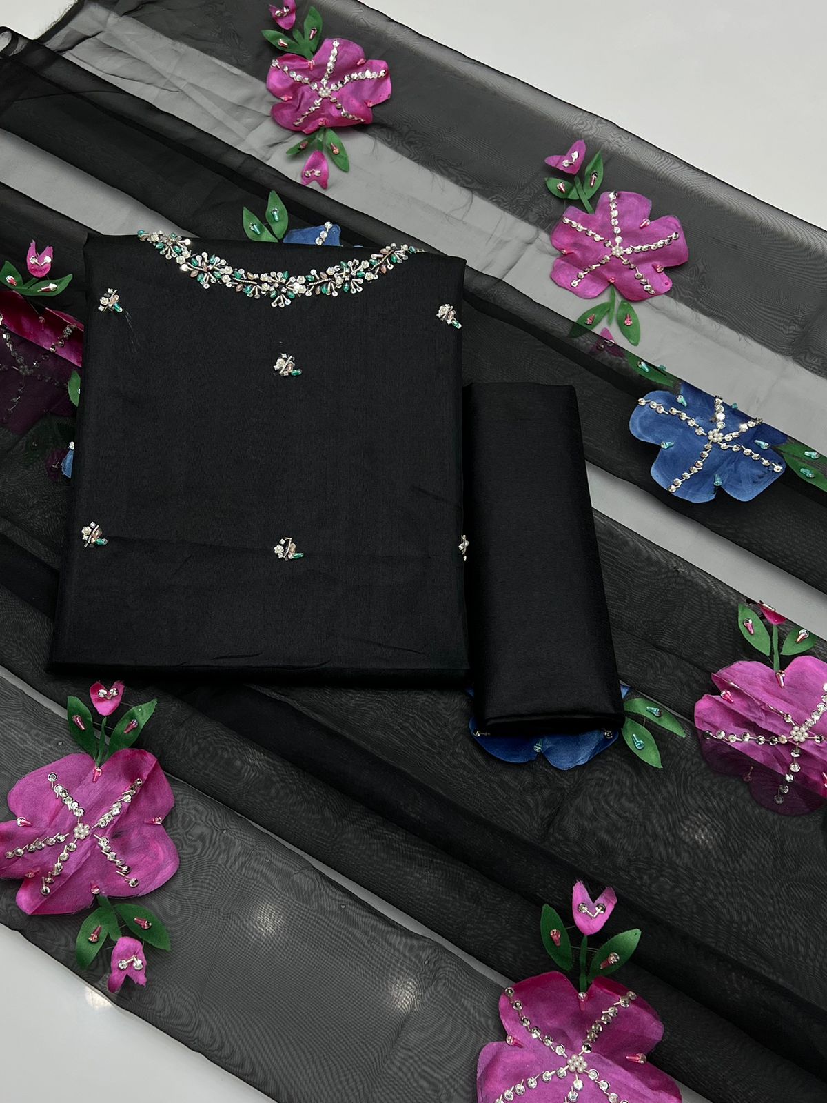 3-Piece Handmade Kathan Silk & Organza Set | Embroidered Shirt, Zari Work Dupatta & Plain Silk Trouser
