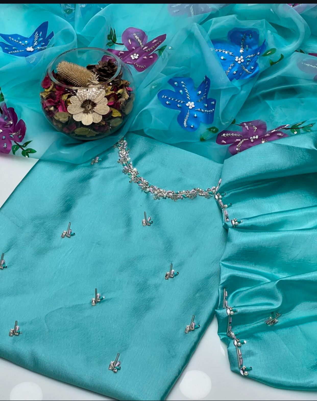 3-Piece Handmade Kathan Silk & Organza Set | Embroidered Shirt, Zari Work Dupatta & Plain Silk Trouser