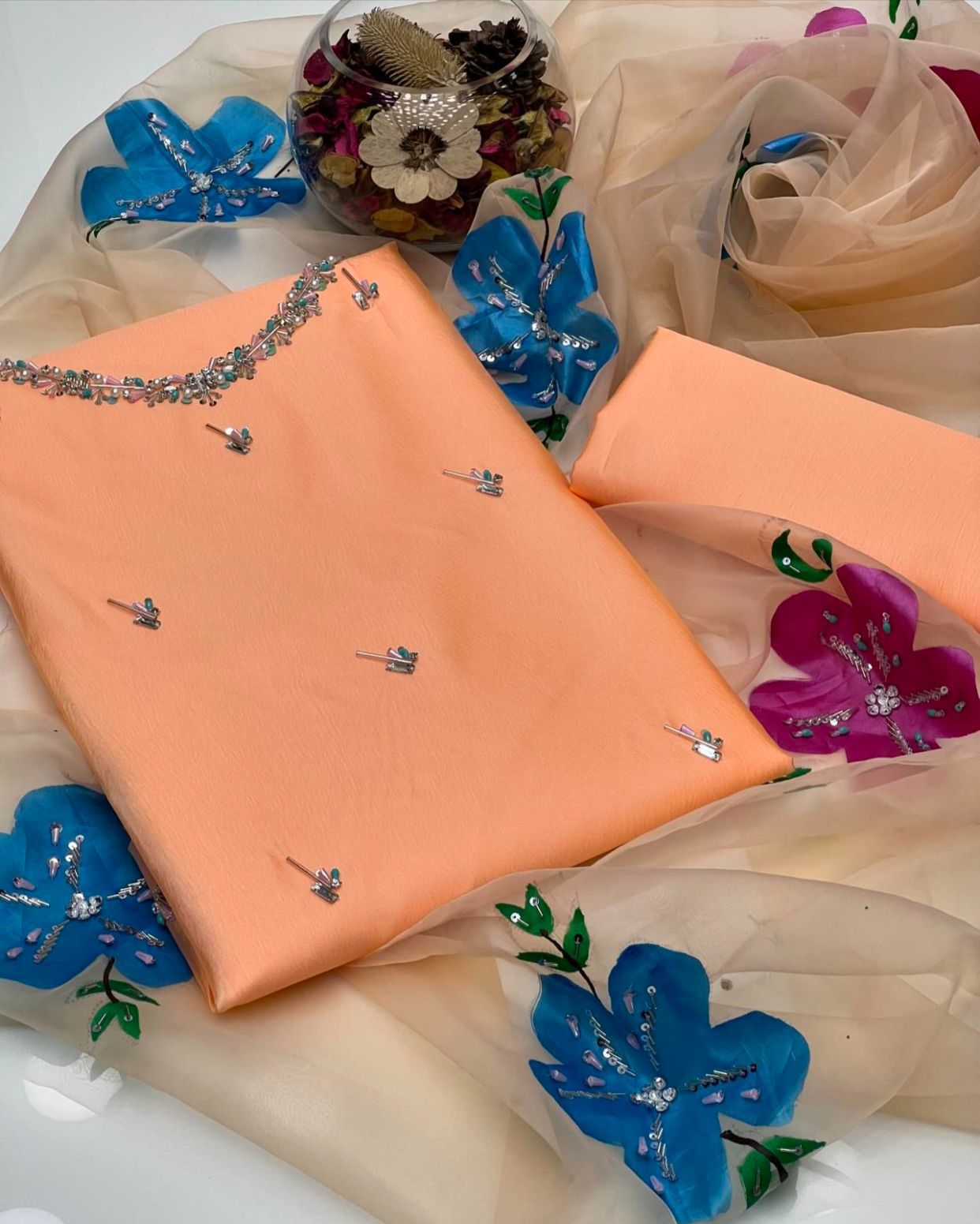 3-Piece Handmade Kathan Silk & Organza Set | Embroidered Shirt, Zari Work Dupatta & Plain Silk Trouser
