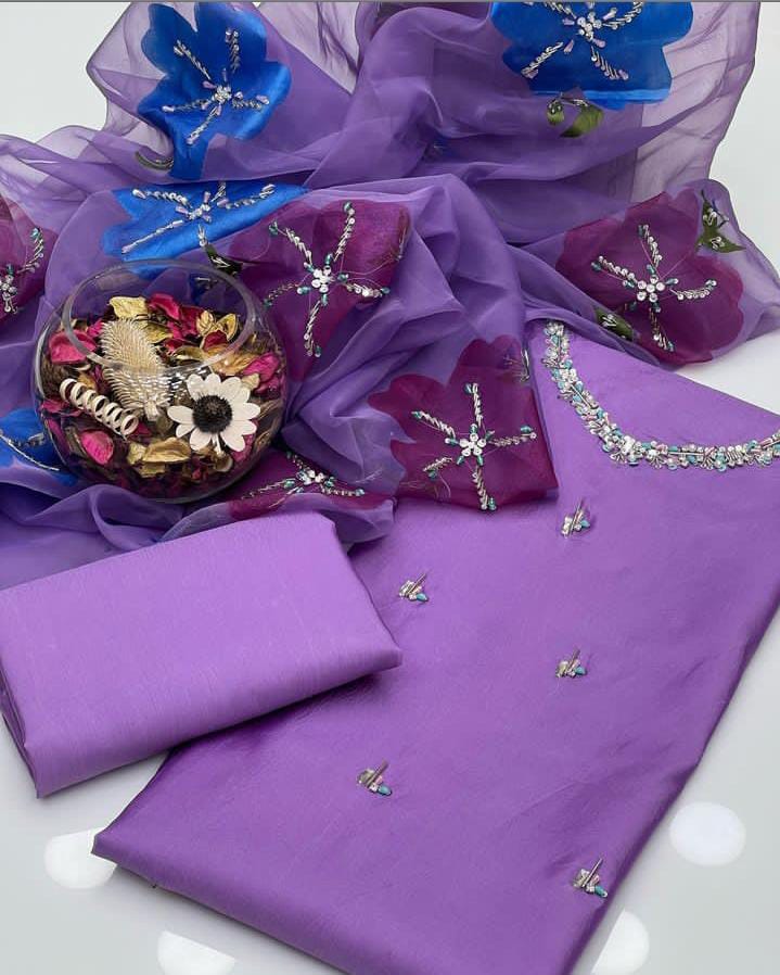 3-Piece Handmade Kathan Silk & Organza Set | Embroidered Shirt, Zari Work Dupatta & Plain Silk Trouser