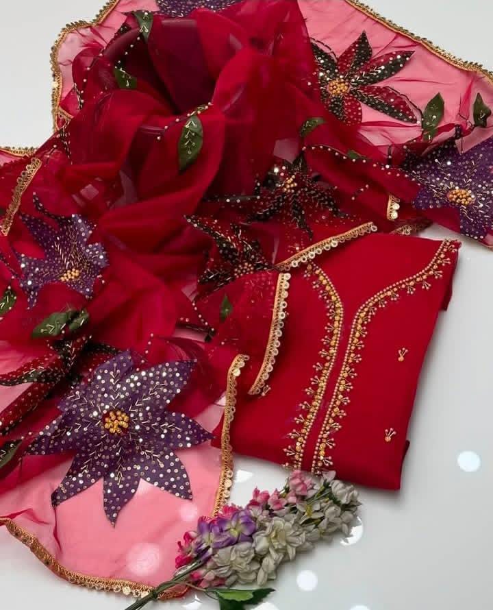 3PC Fancy Organza Dress – Handwork Beads, Stones & Zaari