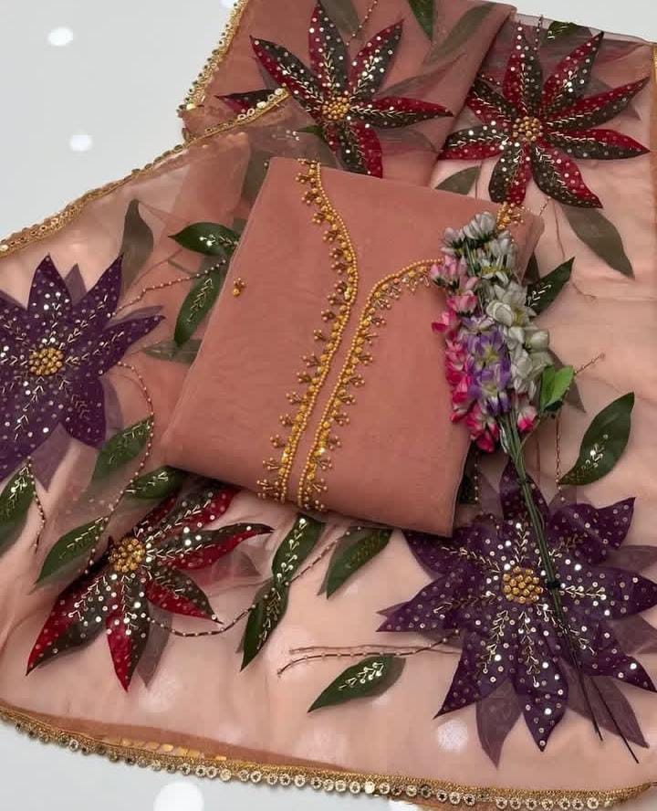 3PC Fancy Organza Dress – Handwork Beads, Stones & Zaari