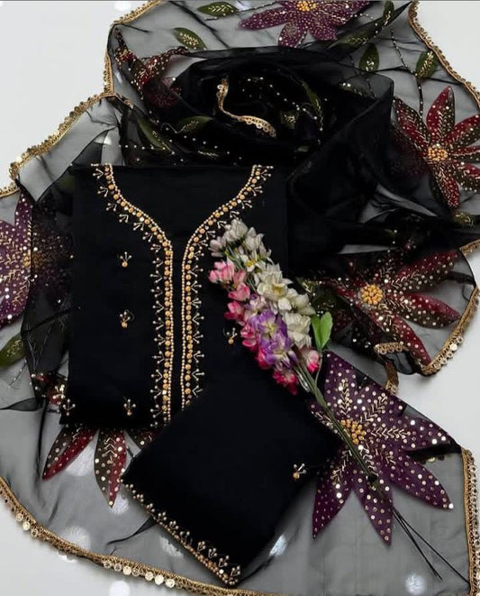 3PC Fancy Organza Dress – Handwork Beads, Stones & Zaari