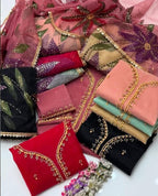 3PC Fancy Organza Dress – Handwork Beads, Stones & Zaari