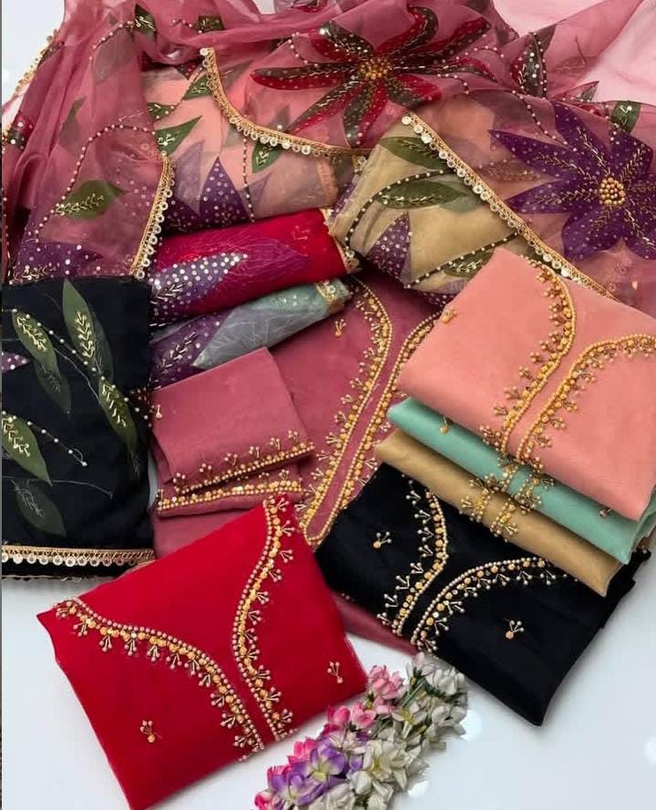 3PC Fancy Organza Dress – Handwork Beads, Stones & Zaari