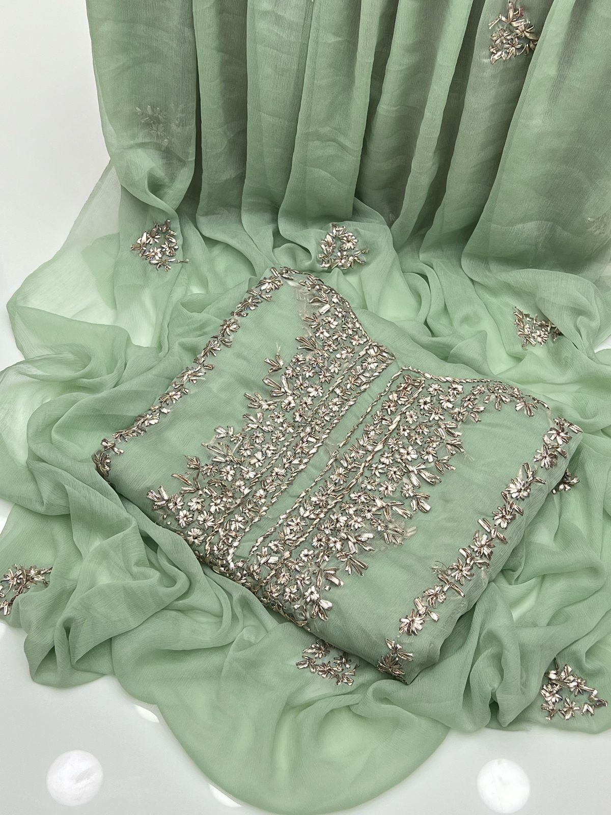 2PC Soft Chiffon Dress – Handmade LCD Gota Work