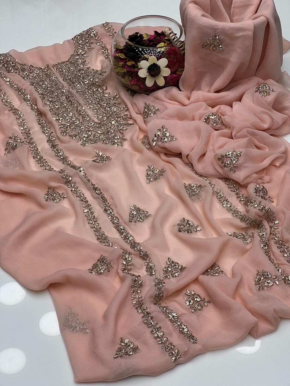 2PC Soft Chiffon Dress – Handmade LCD Gota Work