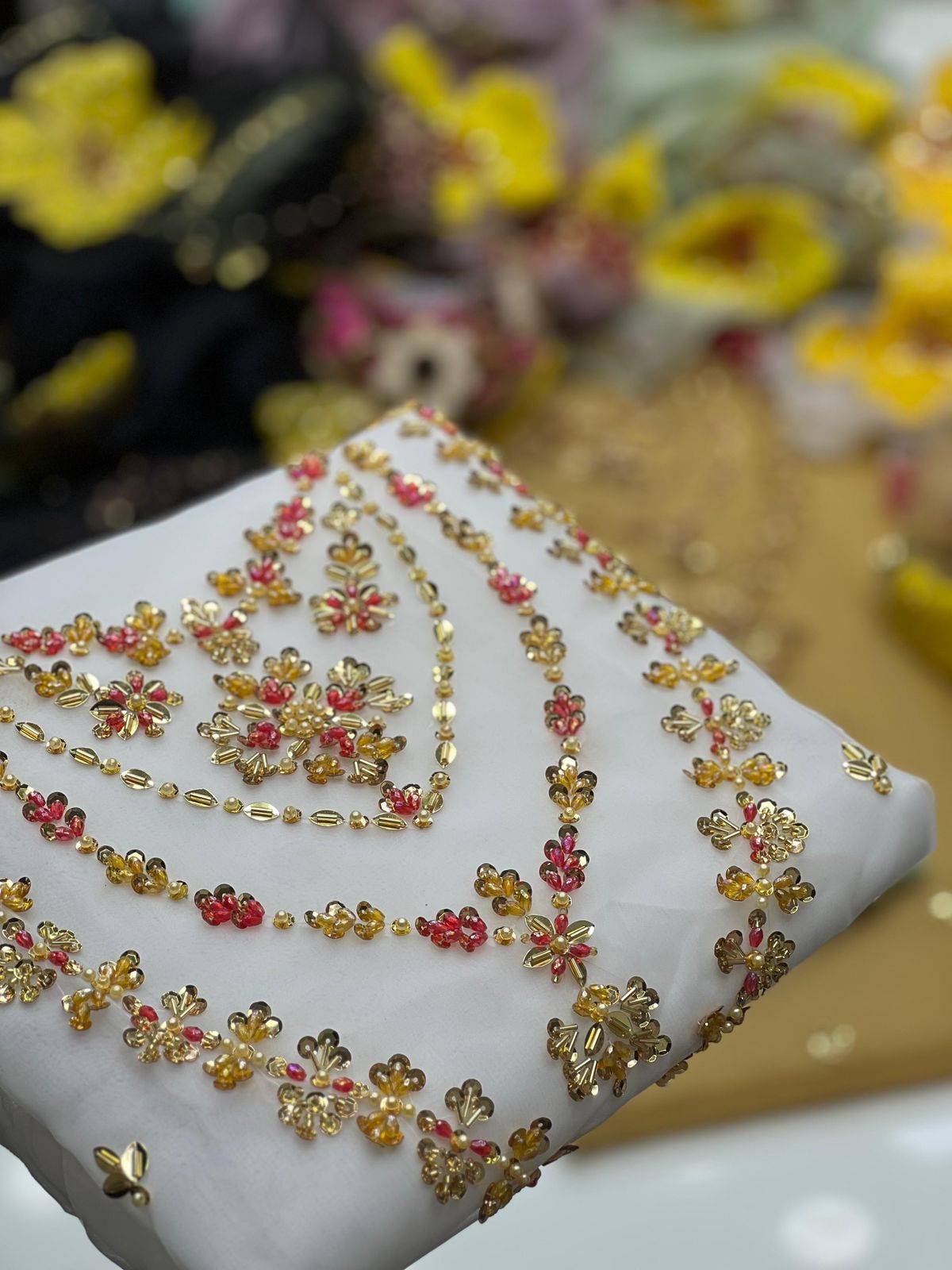 Elegant 3PC Organza Handwork Dress with Zari & Beads Detailing