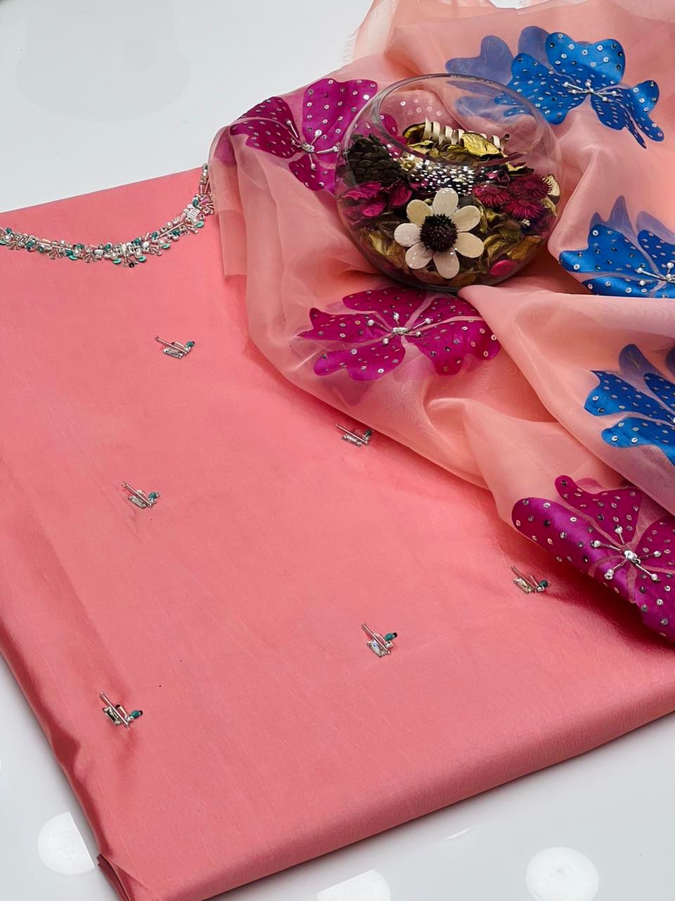 3-Piece Handmade Kathan Silk & Organza Set | Embroidered Shirt, Zari Work Dupatta & Plain Silk Trouser