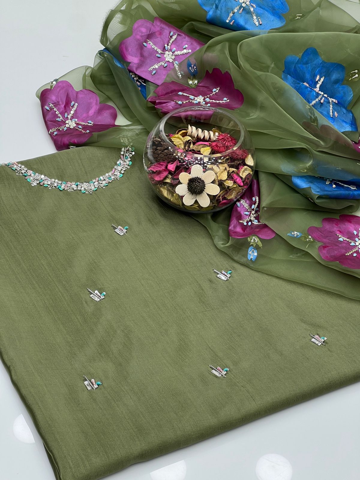 3-Piece Handmade Kathan Silk & Organza Set | Embroidered Shirt, Zari Work Dupatta & Plain Silk Trouser