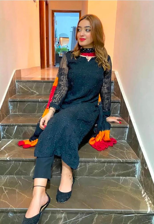 Handmade Pakka Boor Tanka On Soft Shifoon Full Shirt Jall With Chunri Dupatta 2pc Suit