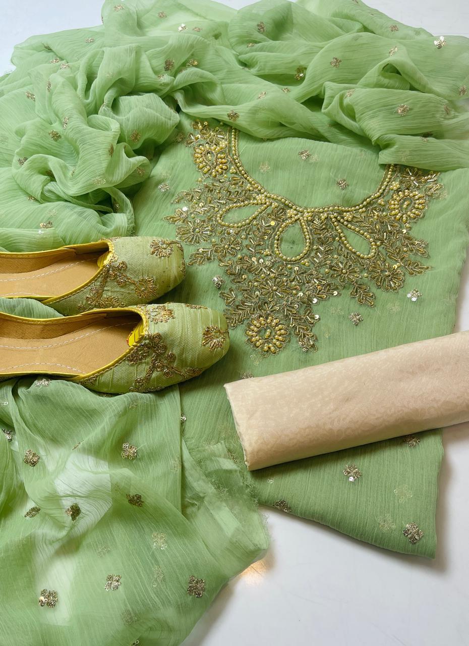 Handmade Shafon Boti Work Shirt & Dupatta with Masoori Trouser – Includes Khussa