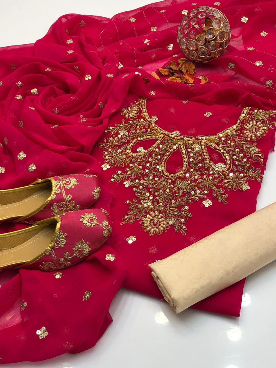 Handmade Shafon Boti Work Shirt & Dupatta with Masoori Trouser – Includes Khussa