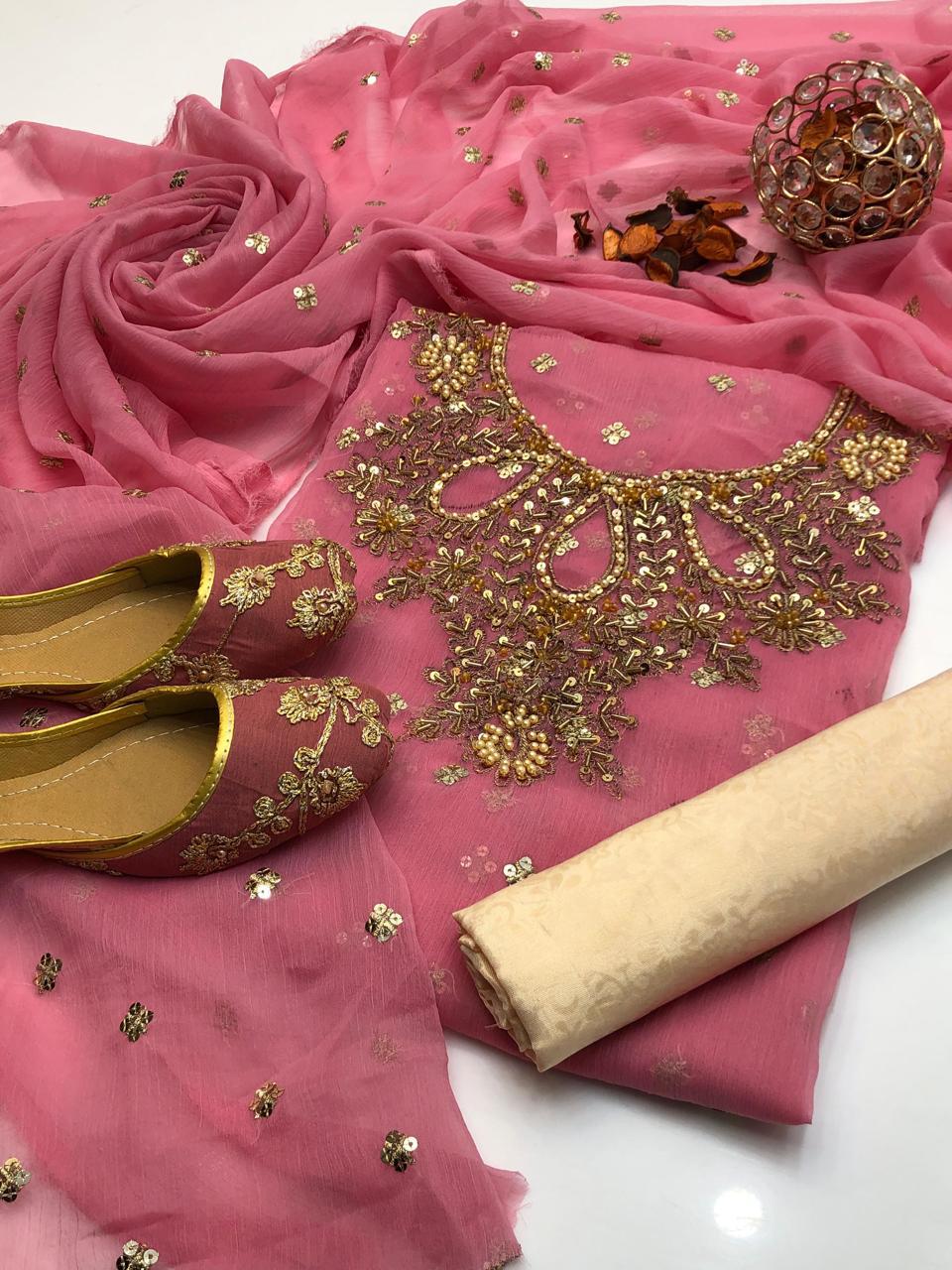 Handmade Shafon Boti Work Shirt & Dupatta with Masoori Trouser – Includes Khussa