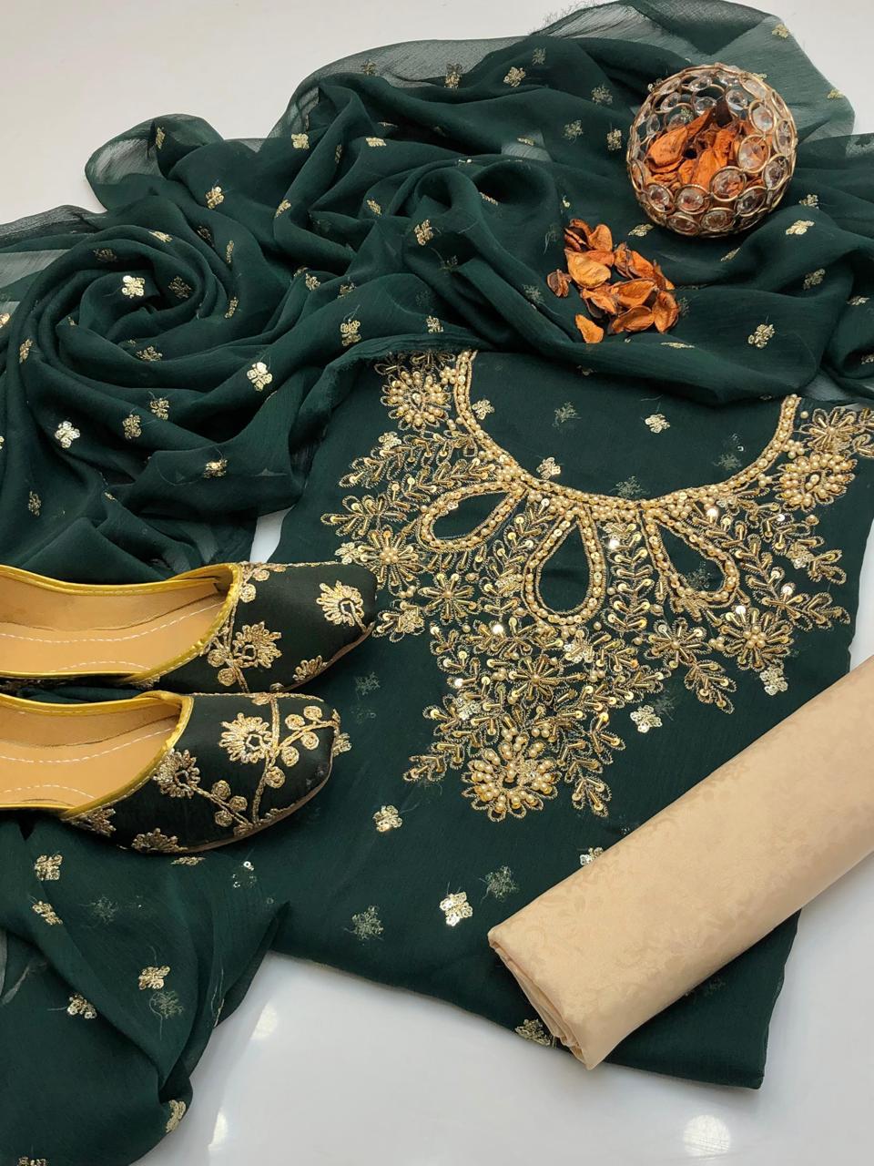 Handmade Shafon Boti Work Shirt & Dupatta with Masoori Trouser – Includes Khussa