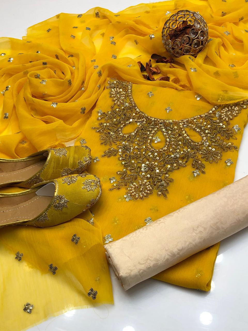 Handmade Shafon Boti Work Shirt & Dupatta with Masoori Trouser – Includes Khussa