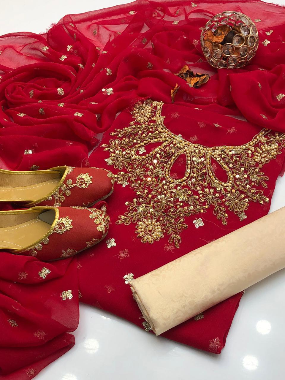 Handmade Shafon Boti Work Shirt & Dupatta with Masoori Trouser – Includes Khussa