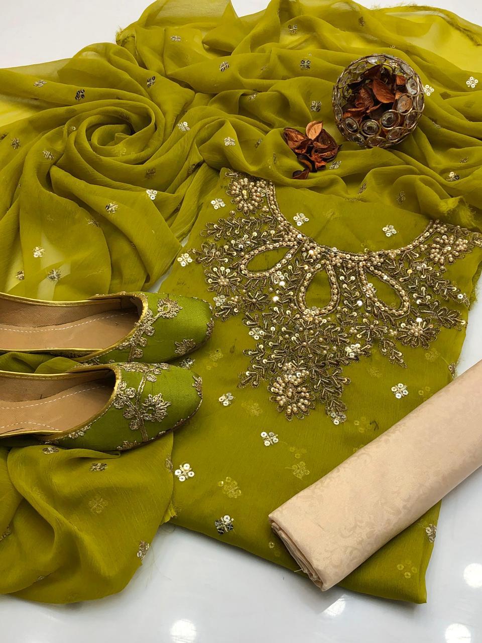 Handmade Shafon Boti Work Shirt & Dupatta with Masoori Trouser – Includes Khussa