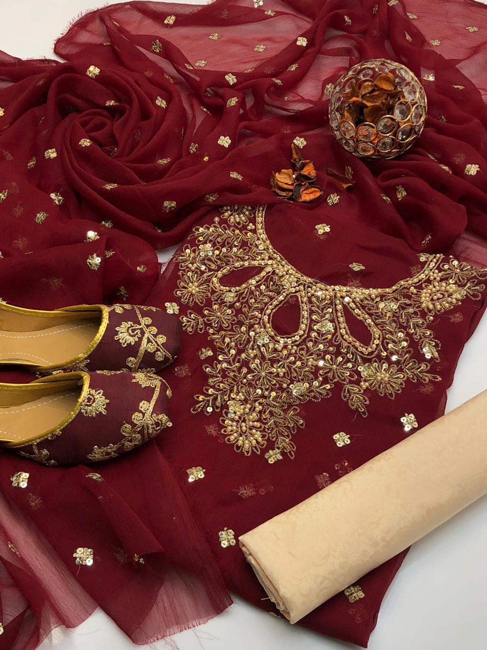 Handmade Shafon Boti Work Shirt & Dupatta with Masoori Trouser – Includes Khussa