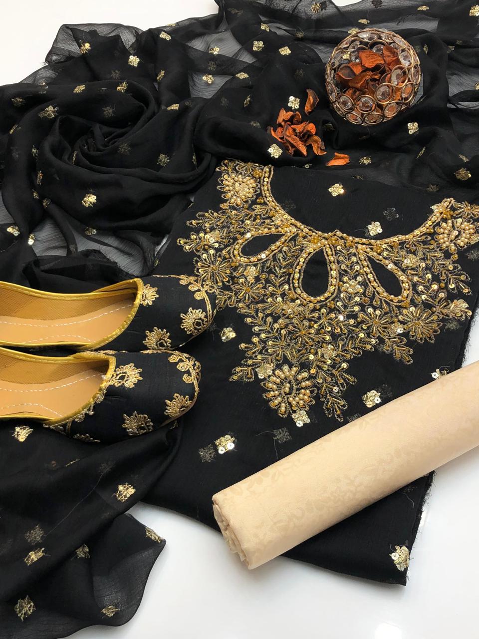 Handmade Shafon Boti Work Shirt & Dupatta with Masoori Trouser – Includes Khussa