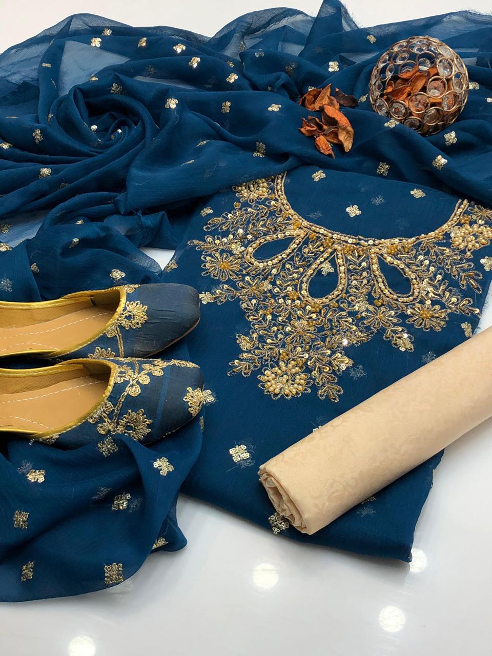 Handmade Shafon Boti Work Shirt & Dupatta with Masoori Trouser – Includes Khussa