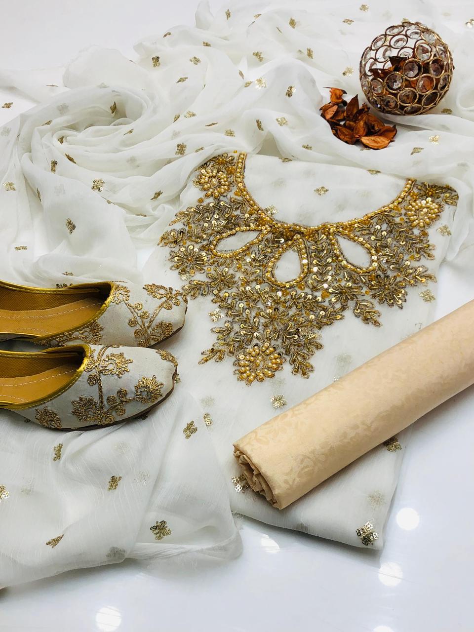 Handmade Shafon Boti Work Shirt & Dupatta with Masoori Trouser – Includes Khussa