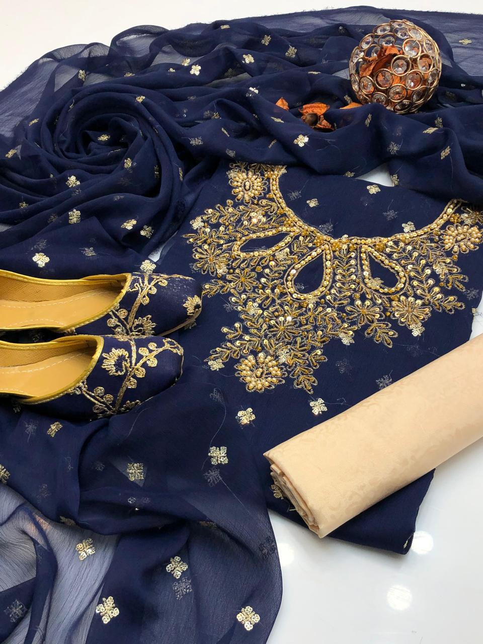 Handmade Shafon Boti Work Shirt & Dupatta with Masoori Trouser – Includes Khussa