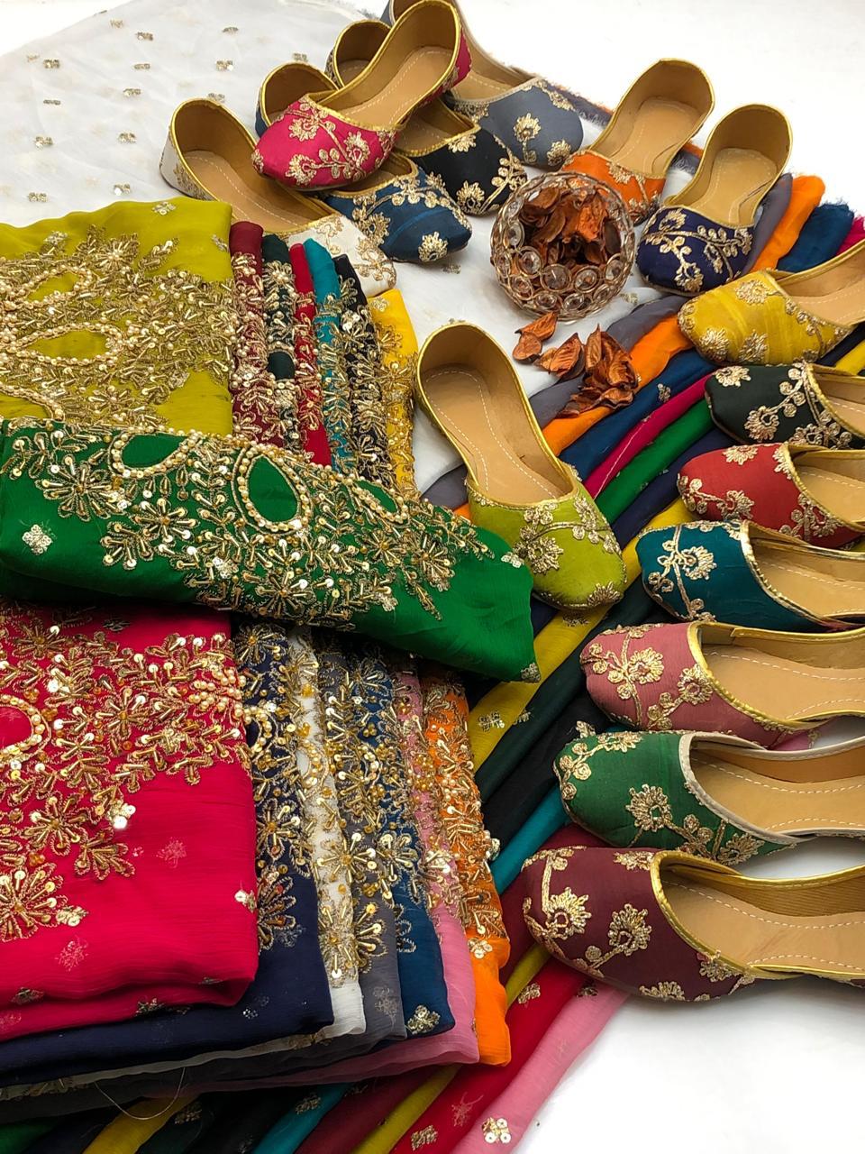 Handmade Shafon Boti Work Shirt & Dupatta with Masoori Trouser – Includes Khussa