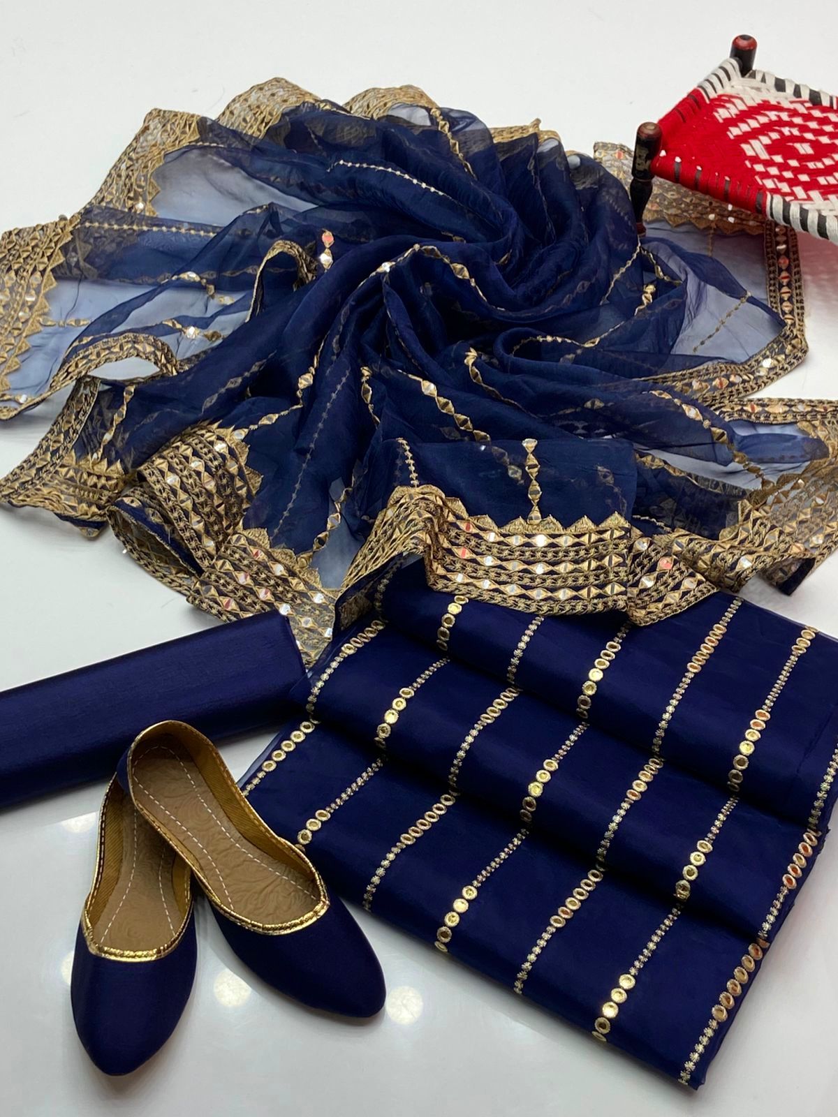 Luxury 4-Piece Organza Embroidered Dress – 9mm Sequin Shirt & Dupatta, Khatan Trouser with Khussa