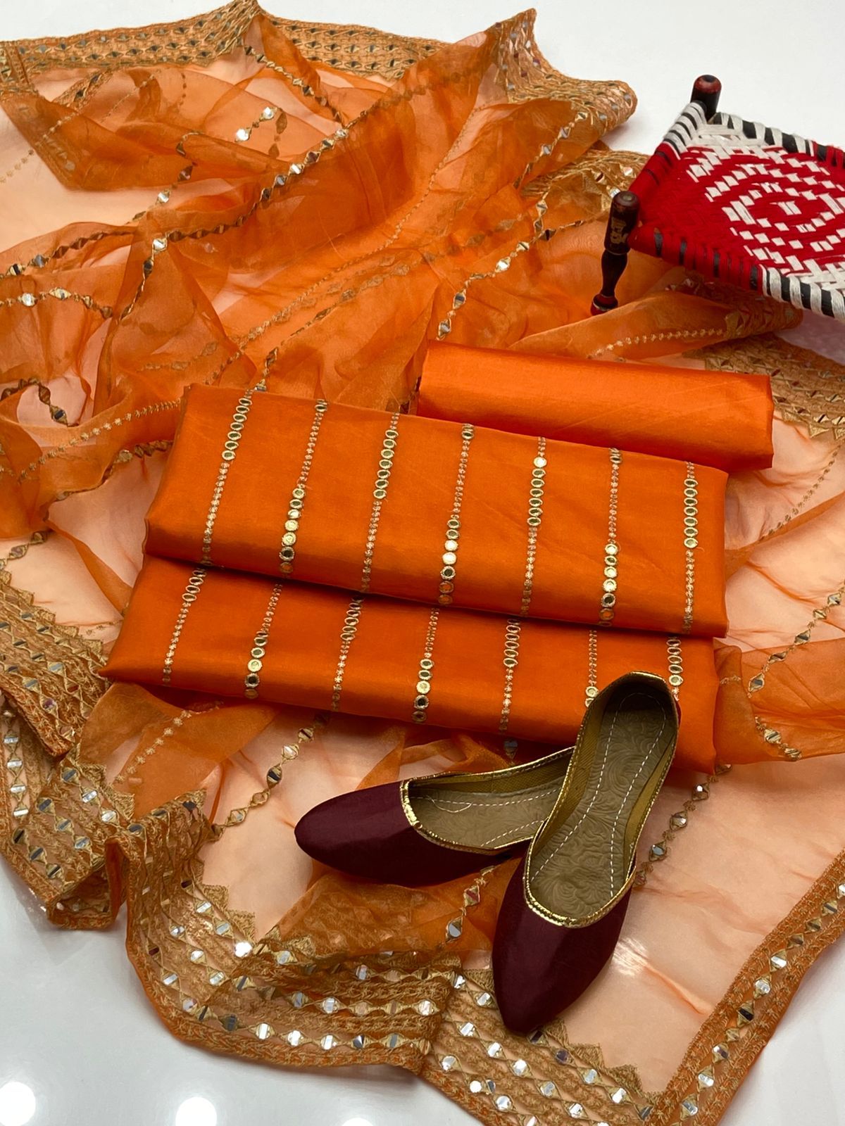 Luxury 4-Piece Organza Embroidered Dress – 9mm Sequin Shirt & Dupatta, Khatan Trouser with Khussa