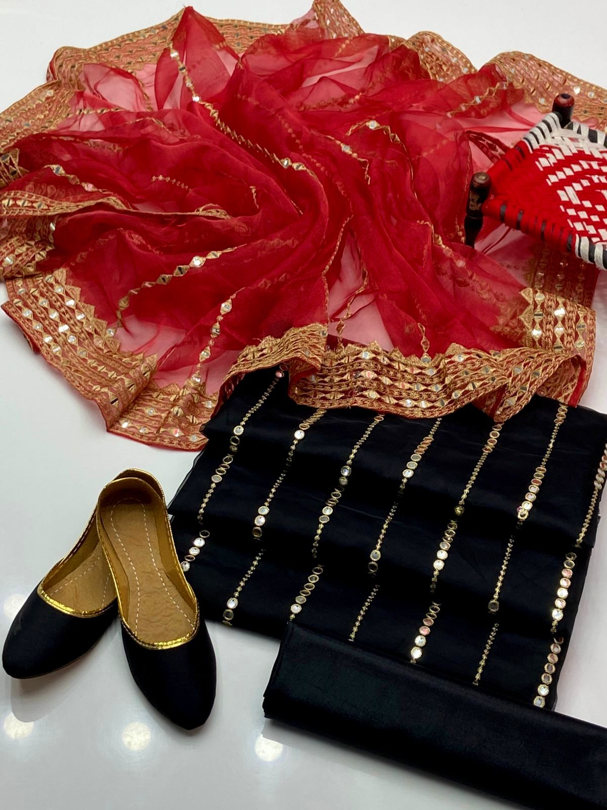 Luxury 4-Piece Organza Embroidered Dress – 9mm Sequin Shirt & Dupatta, Khatan Trouser with Khussa