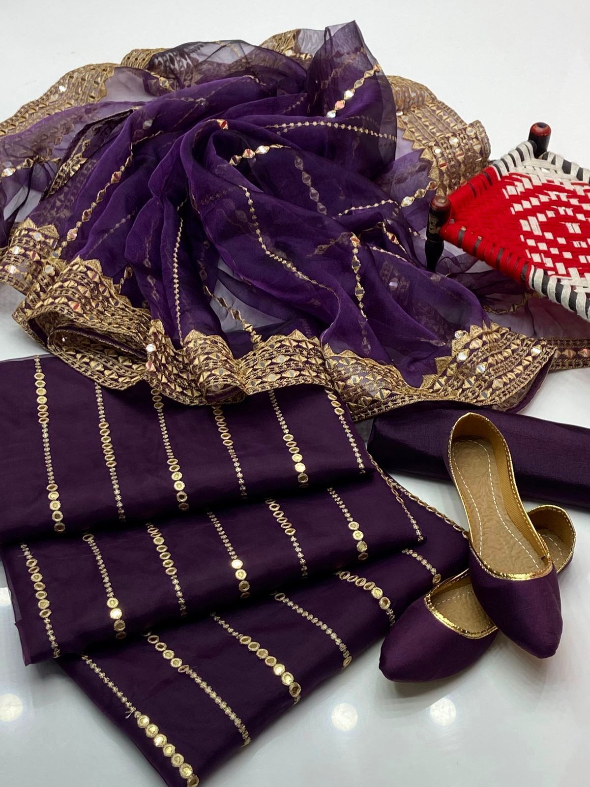 Luxury 4-Piece Organza Embroidered Dress – 9mm Sequin Shirt & Dupatta, Khatan Trouser with Khussa