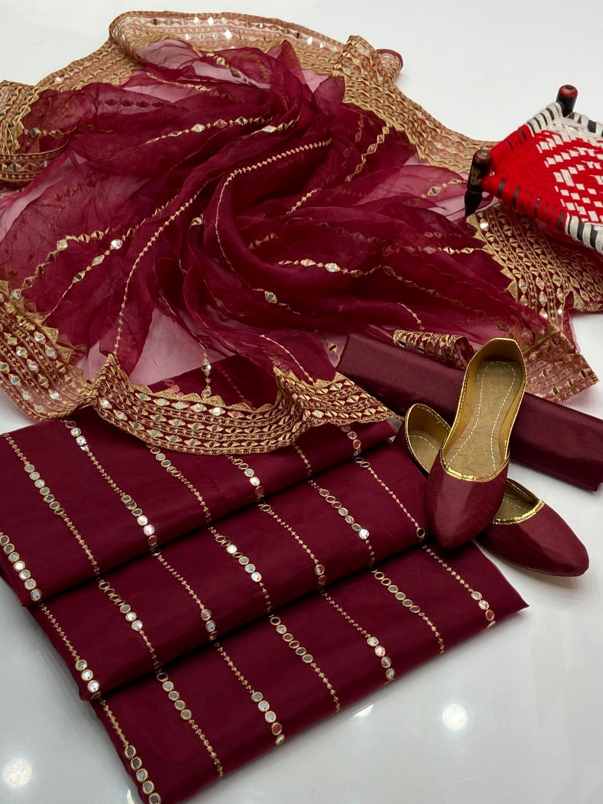 Luxury 4-Piece Organza Embroidered Dress – 9mm Sequin Shirt & Dupatta, Khatan Trouser with Khussa