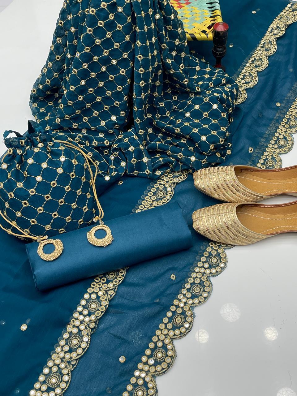 Fancy 5-Piece Crinkle Embroidered Suit – 9mm Sequin Work Shirt, Kataan Silk Shalwar, Shafon Cutwork Dupatta, Matching Khussa & Bag