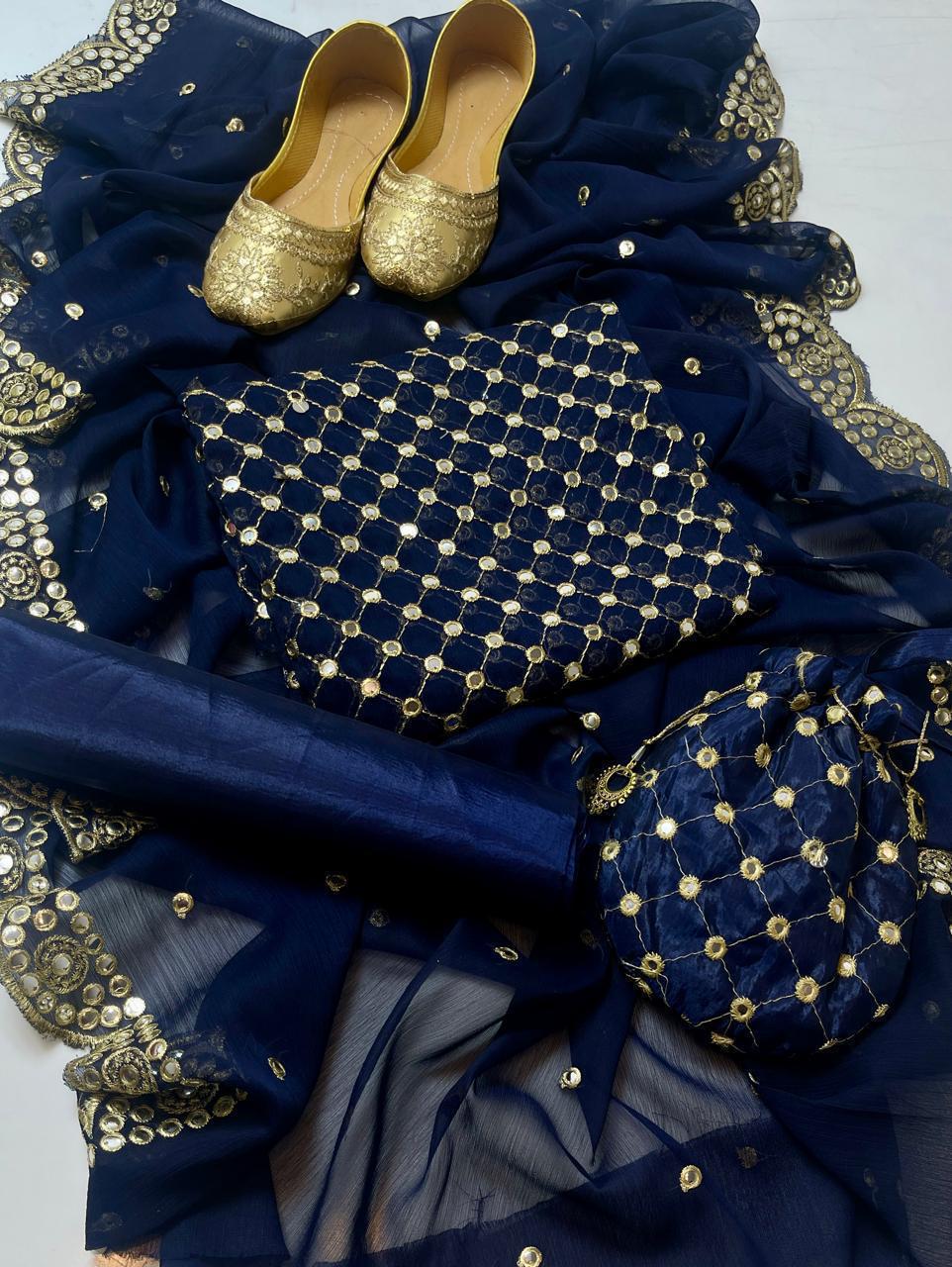 Fancy 5-Piece Crinkle Embroidered Suit – 9mm Sequin Work Shirt, Kataan Silk Shalwar, Shafon Cutwork Dupatta, Matching Khussa & Bag