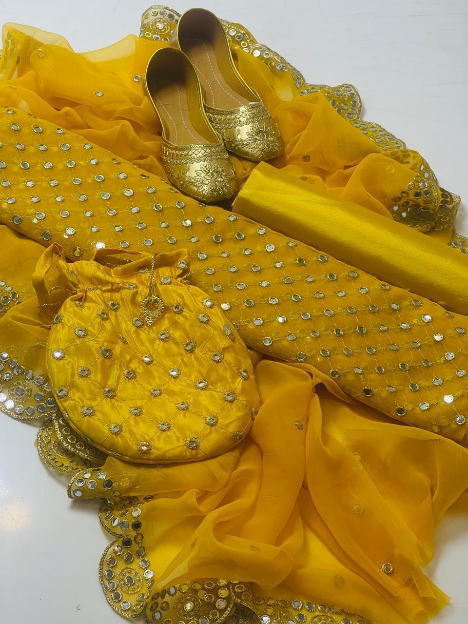 Fancy 5-Piece Crinkle Embroidered Suit – 9mm Sequin Work Shirt, Kataan Silk Shalwar, Shafon Cutwork Dupatta, Matching Khussa & Bag