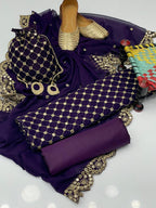 Fancy 5-Piece Crinkle Embroidered Suit – 9mm Sequin Work Shirt, Kataan Silk Shalwar, Shafon Cutwork Dupatta, Matching Khussa & Bag