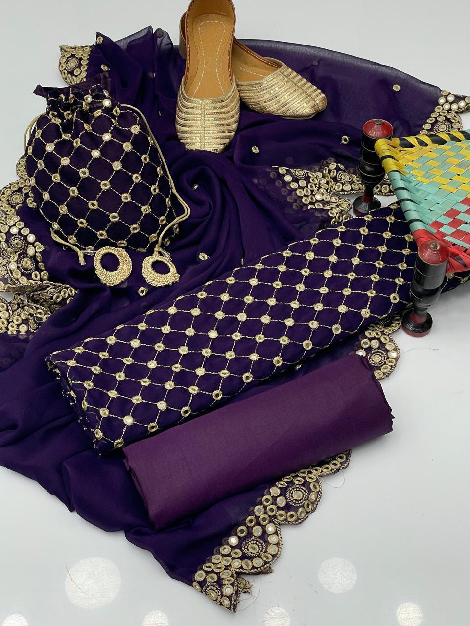 Fancy 5-Piece Crinkle Embroidered Suit – 9mm Sequin Work Shirt, Kataan Silk Shalwar, Shafon Cutwork Dupatta, Matching Khussa & Bag