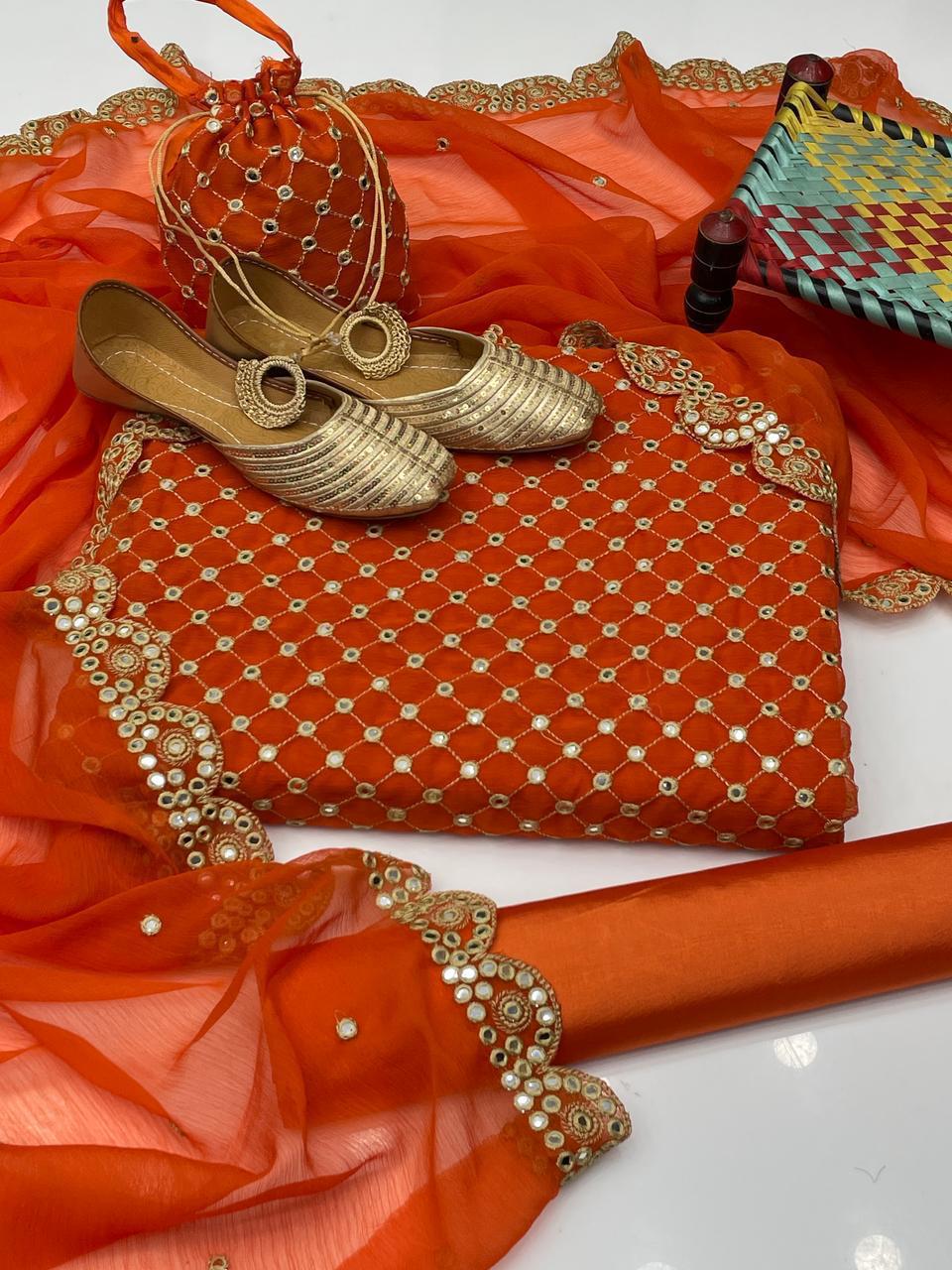 Fancy 5-Piece Crinkle Embroidered Suit – 9mm Sequin Work Shirt, Kataan Silk Shalwar, Shafon Cutwork Dupatta, Matching Khussa & Bag